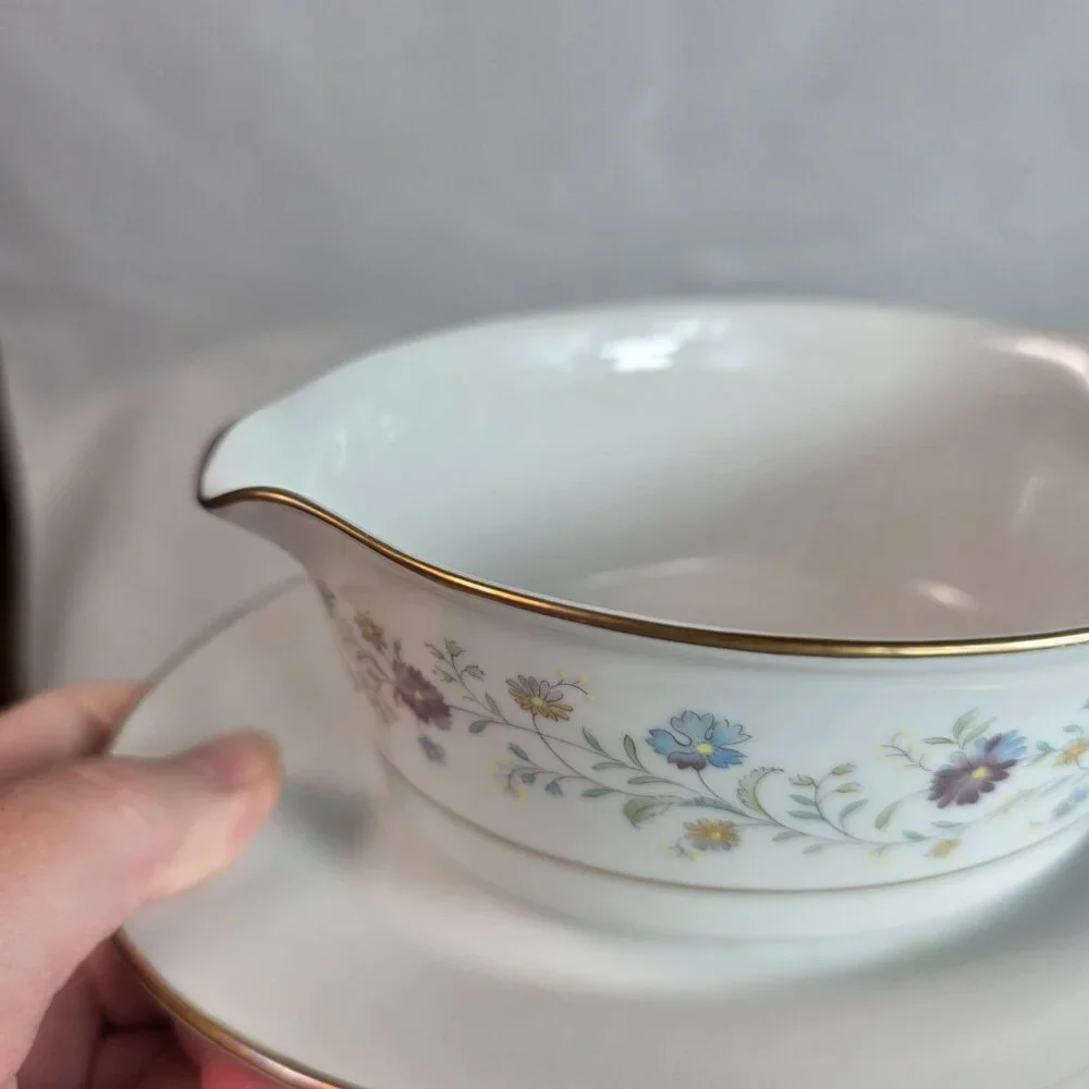Noritake Longwood #2485 Gravy Boat with Underplate Purple, Blue & Yellow Flowers